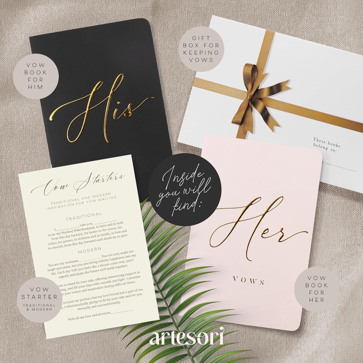 ARTESORI Wedding Vow Book for Her & Him, Soft Touch, Gold Engraving, 28 Lined Pages, Wedding Vow Books His and Hers, Wedding Essentials, Wedding Registry Gifts, His and Hers Gifts [Blush & Black]
