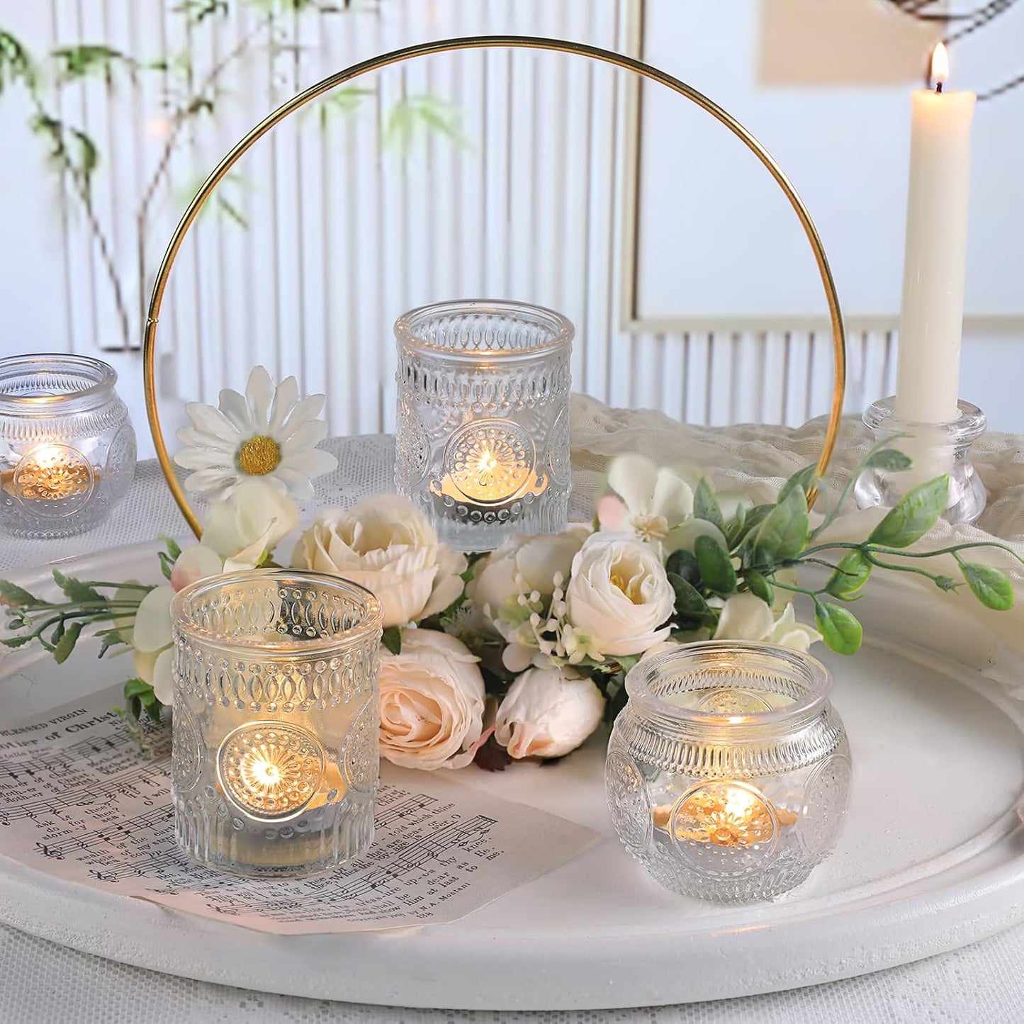 DARJEN 12Pcs Clear Votive Candle Holders - Glass Tea Light Candle Holder, Clear Votives, Embossed Candle Votives for Wedding Centerpiece & Home Decoration