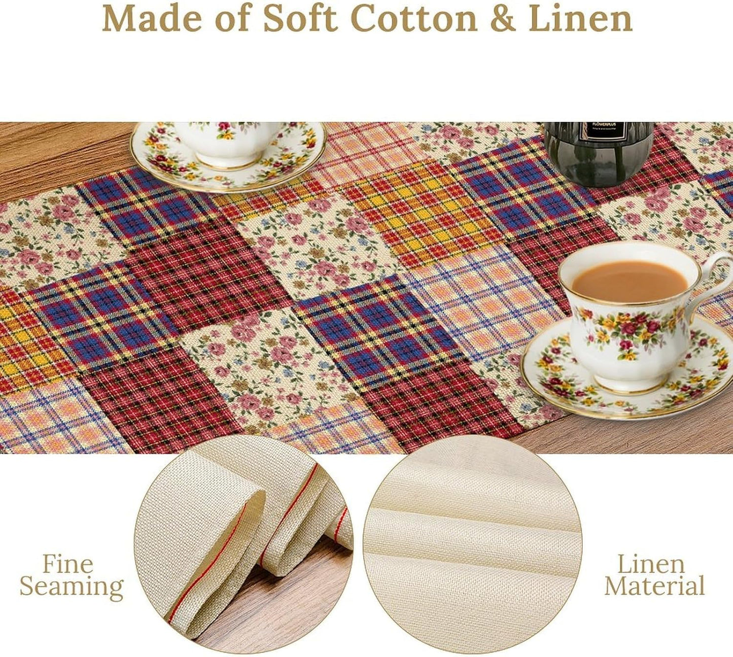 Patchwork Table Runner, Boho Vintage Floral Checkered Plaid Bohemian Paisley Flower Farmhouse Table Center Decor for Home Kitchen Dining Patio Holiday Party Indoor Table Decorations, 13"x36" Inch