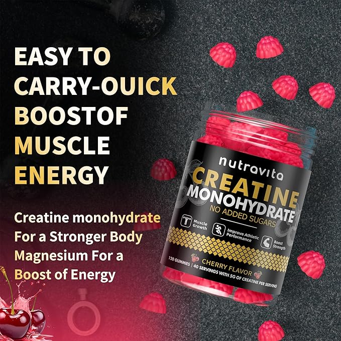 Creatine Monohydrate Gummies for Men & Women-5g of Creatine Monohydrate per Serving - Sugar Free,Vegan, Cherry Flavor, 120 Count