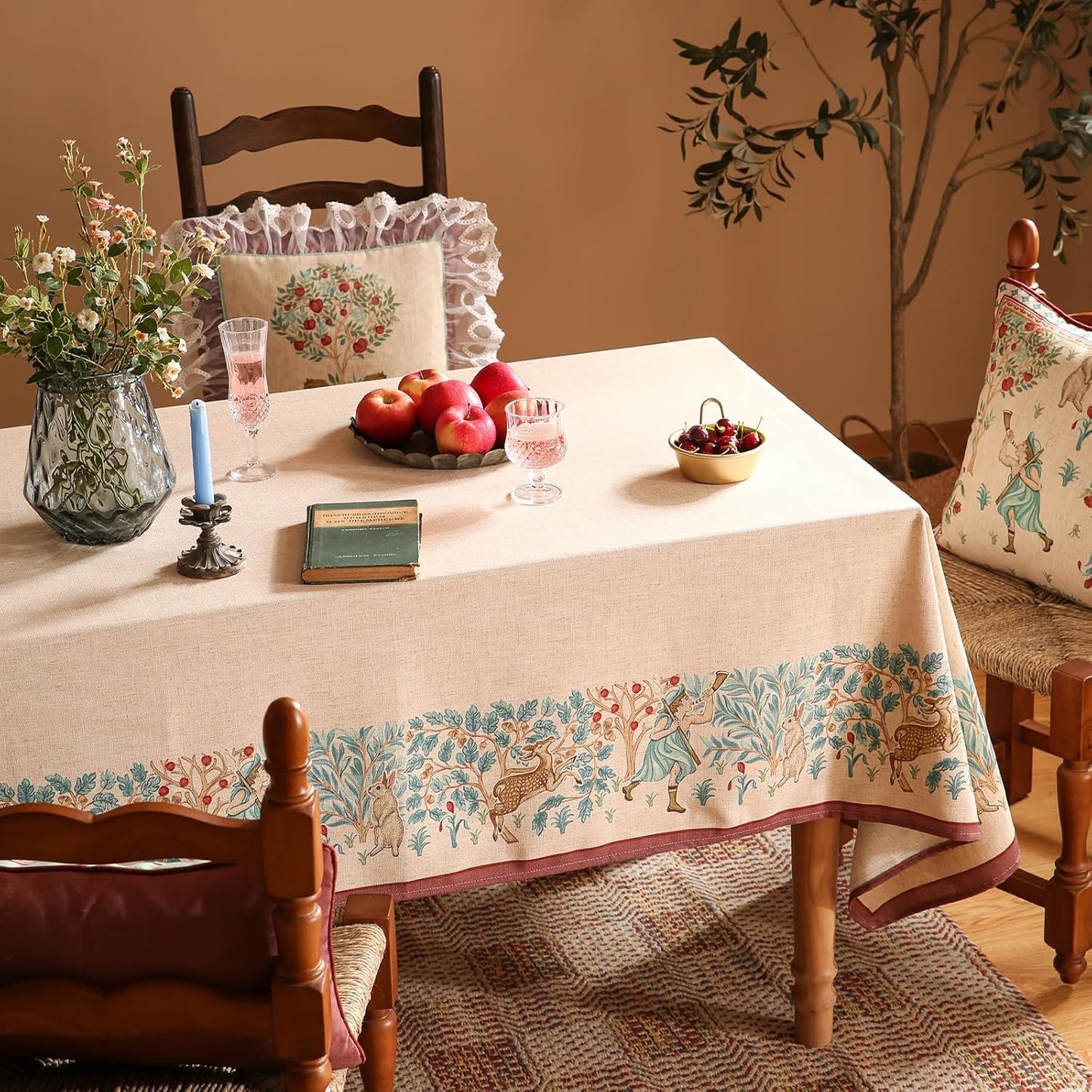 patdrea Designer French Tablecloth for Rectangle Table,Vintage Linen Trees Pattern Beige Tablecloths,Decoration Table Cover for Kitchen Dining Christmas,Thanksgiving,55"x87"-Tatiana D