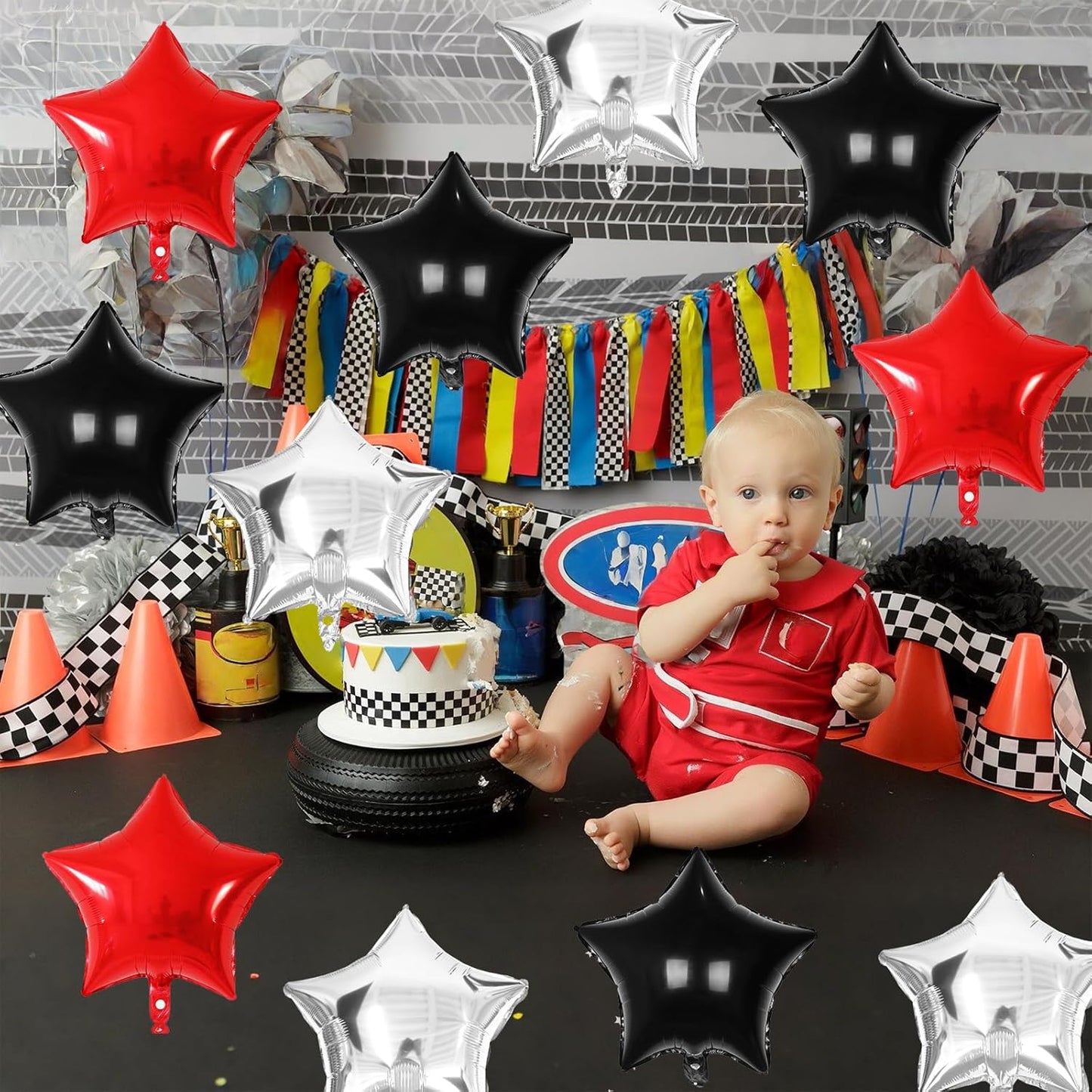 Black Red Star Balloons, 18 Inch 12Pcs Black Red and Metallic Silver Star Shape Foil Balloon, Large Helium Pentagram Balloons for Kids Birthday Casino Racing Car Poker Theme Halloween Party Decor
