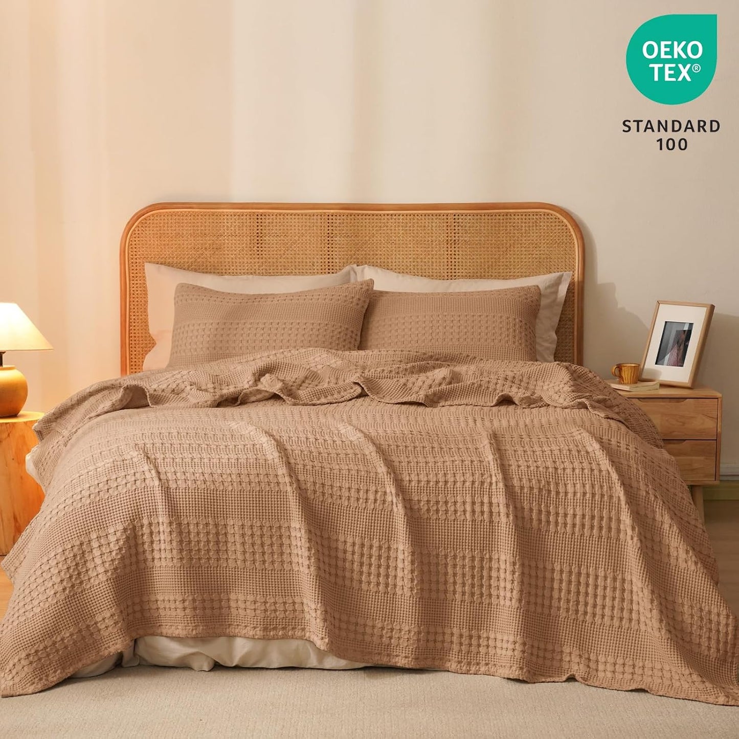 PHF 100% Cotton Waffle Weave Blanket Twin Size for Bed, Soft Lightweight & Breathable, All-Season Comfort, Luxury Aesthetic Woven Bedding for Home Decor, 66"x90", Camel