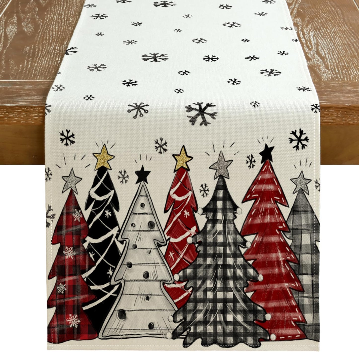 GEEORY Christmas Table Runner 13x48 Inch, Xmas Tees Snowflakes Holiday Decorative Farmhouse Table Decoration for Kitchen Dinning, Indoor Outdoor Dinner Party Decor ((Red & Black) GT165-48