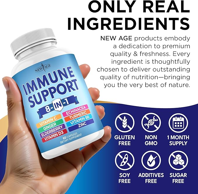 NEW AGE 8 in 1 Immune Support Booster Supplement with Echinacea, Vitamin C and Zinc 50mg, Vitamin D 5000 IU, Turmeric Curcumin & Ginger, B6, Elderberry 120 Count (Pack of 2)