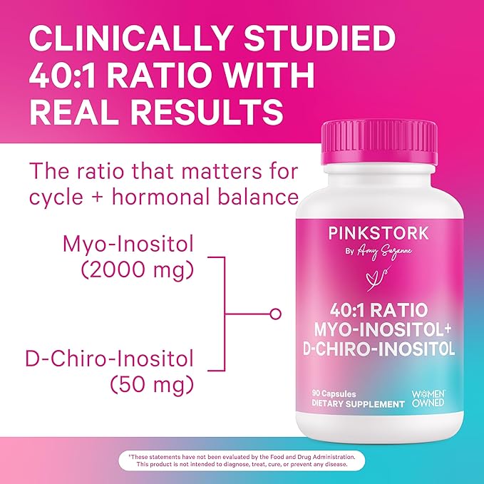 Pink Stork Inositol Supplement for Women - 40:1 Ratio Myo-Inositol & D-Chiro Inositol - Hormone Balance for Women - 2-in-1 Fertility + Ovarian Support - Health, Mood, Energy - 90 Capsules