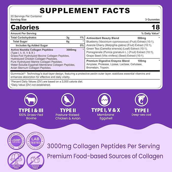 Collagen Gummies for Women & Men 3000mg, Hydrolyzed Collagen Peptides with Antioxidant Blend & Digestive Enzymes, Multi Collagen (Type I,II,III,V,X) for Anti-Aging, Hair, Skin, Nails, Sugar Free,60Cts