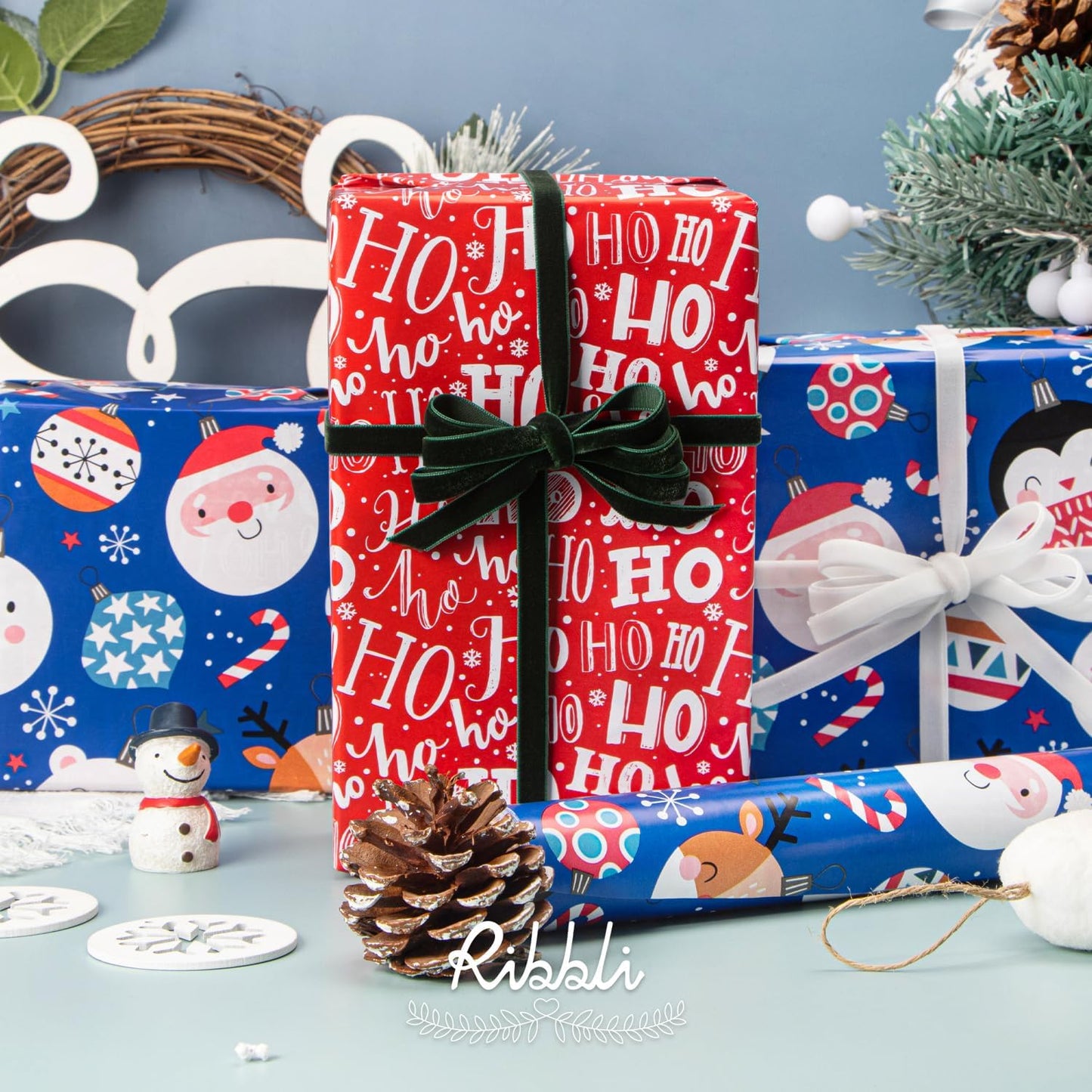 Ribbli Blue Christmas Wrapping Paper Reversible Cute Christmas elements Gift Wrapping Paper Rolls for Kids Holiday Presents Decoration-17 Inch x 33 Feet