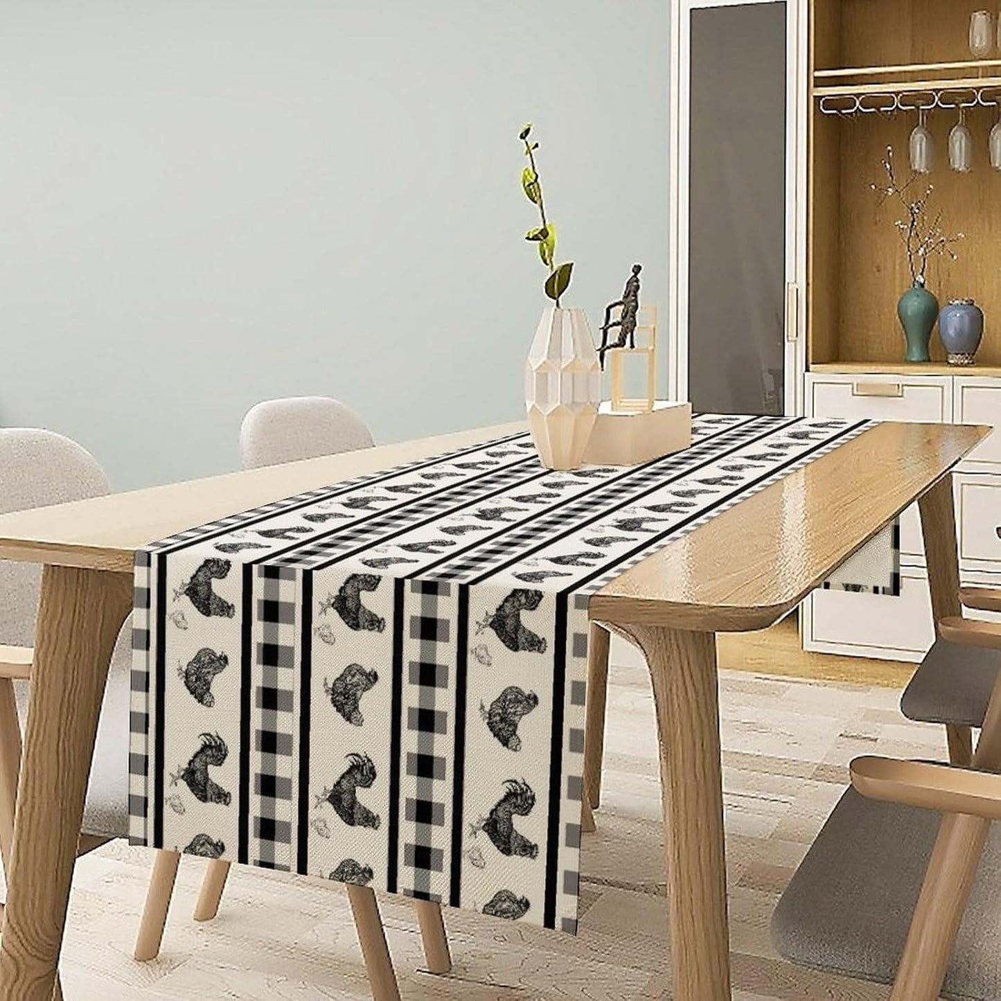 Rooster Table Runner,Farmhouse Animal Vintage Chicken Black White Plaid Check Tablecloth Burlap for Hotel Indoors Outdoor Dining Room Kitchen Home Decor,W13X L36 in