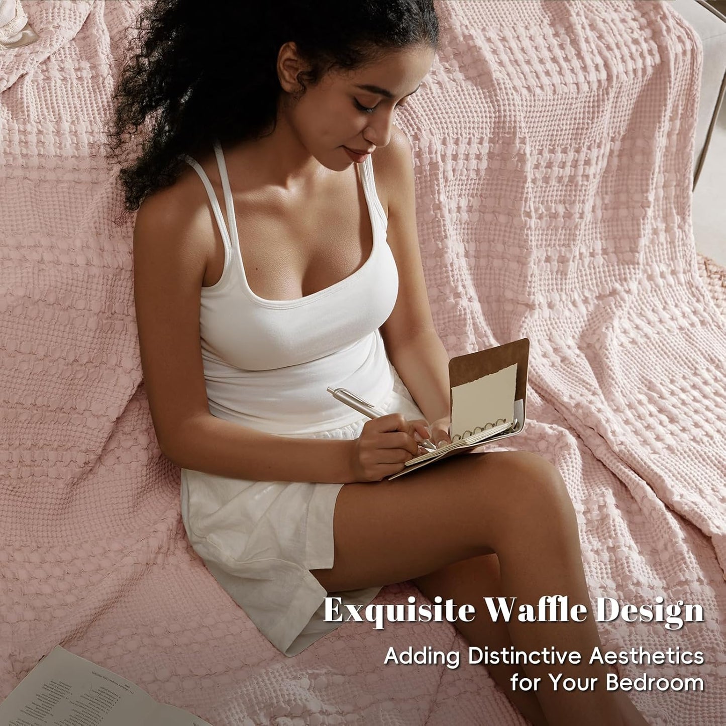 PHF 100% Cotton Waffle Weave Blanket King Size for Bed, Soft Lightweight & Breathable, All-Season Comfort, Luxury Aesthetic Woven Bedding for Home Decor, 108"x90", Pink/Mauve