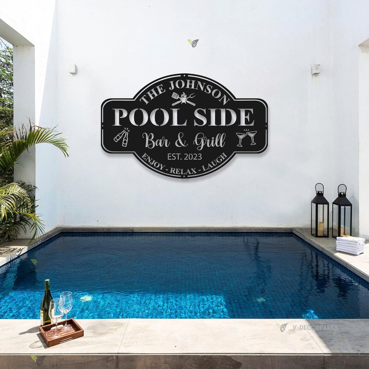 Personalized Family Poolside Sign LED Light,Swimming Pool Metal Sign,Pool Oasis Bar and Grill Metal Wall Decor,Patio Decor,Housewarming Gift