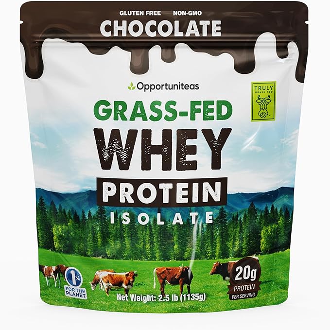 Opportuniteas Grass Fed Chocolate Whey Protein Isolate Powder - 20g Protein Powder Without Artificial Sweeteners, Hormone-Free Cows, Non GMO - 2.5lb