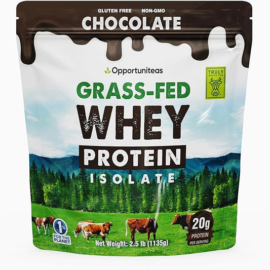 Opportuniteas Grass Fed Chocolate Whey Protein Isolate Powder - 20g Protein Powder Without Artificial Sweeteners, Hormone-Free Cows, Non GMO - 2.5lb
