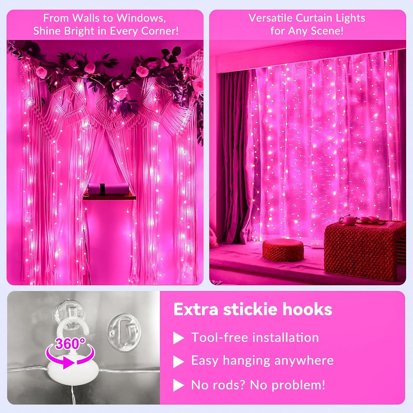 HXWEIYE 300LED Fairy Curtain Lights, 9.8x9.8Ft USB Plug-in 8 Modes Christmas String Hanging Lights with Remote for Bedroom Backdrop Wedding Party Indoor Wall Decor, Pink
