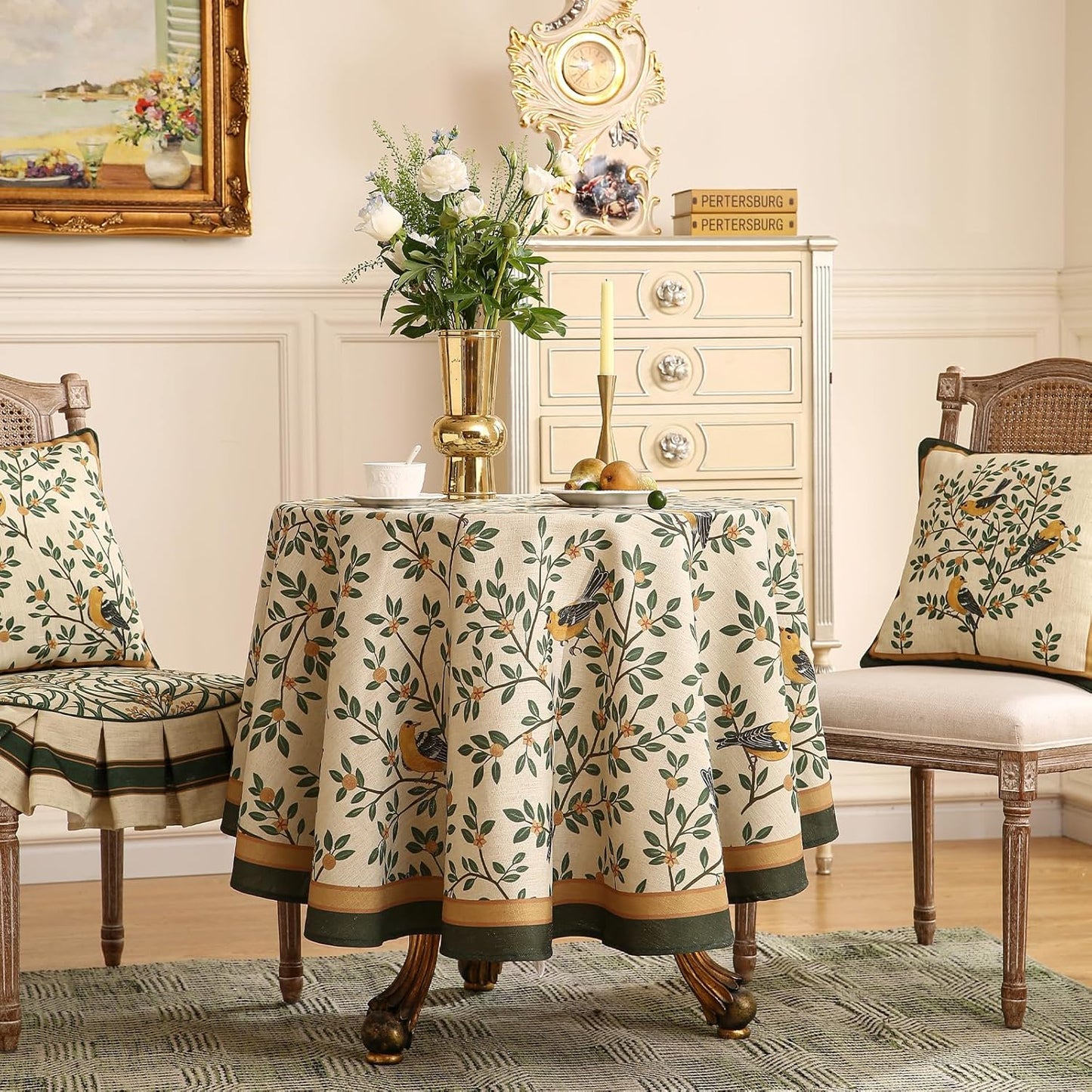 patdrea Designer Vintage Linen Round Table Cloth,Durable Breathable Cover Fall Dacorative Tablecloth,Decor Table Cover for Kitchen Dining,Holiday Christmas,Thanksgiving,Diameter 67"-Warbler