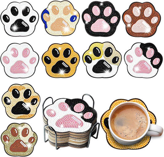10 pcs Diamond Painting Coasters | Diamond Art Coasters | Cat Paw Diamond Art Painting | Perfect Art Craft Gift for Cat Lover, Dad, Mom, Grandparents, Brother, Sister.