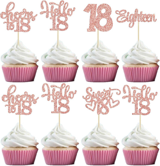 30Pcs18th Birthday Cupcake Toppers Eighteen Happy 18th Cupcake Picks Sweet 18 Cheers to 18 Cake Decorations for 18th Birthday Anniversary Party Supplies Rose Gold Glitter