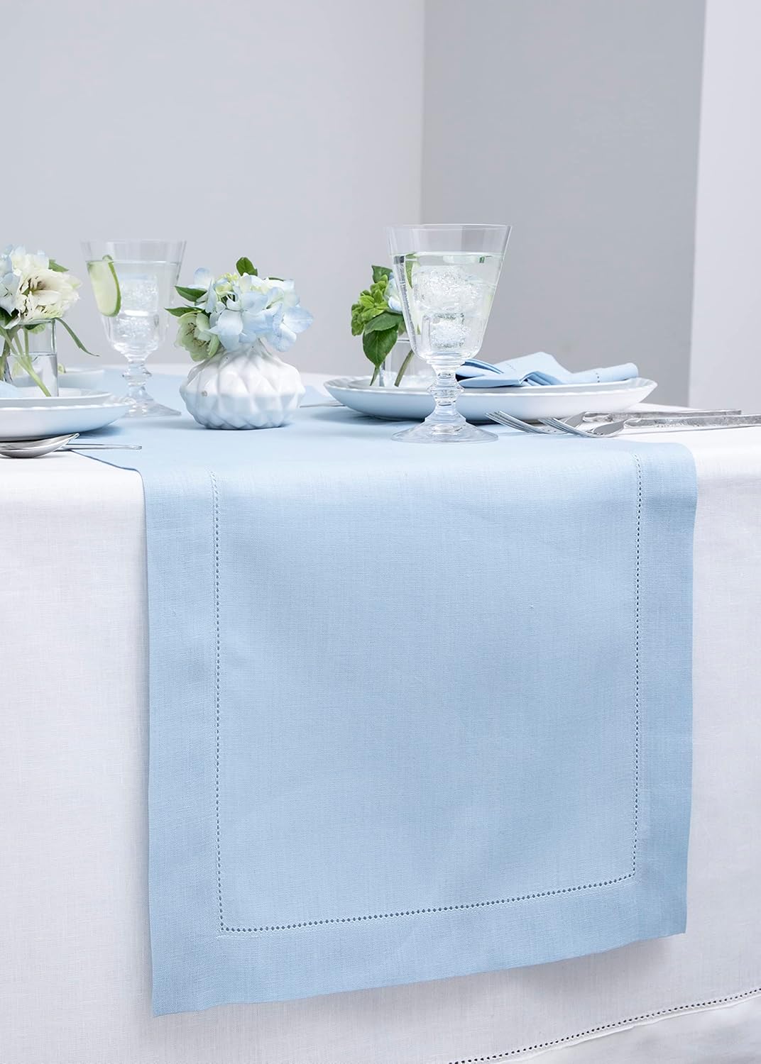 Solino Home Linen Sky Blue Table Runner 60 Inches - Classic Hemstitch, 100% Pure Linen Coffee Table Runner 14 x 60 Inch Ideal for Dresser Tables - Holiday