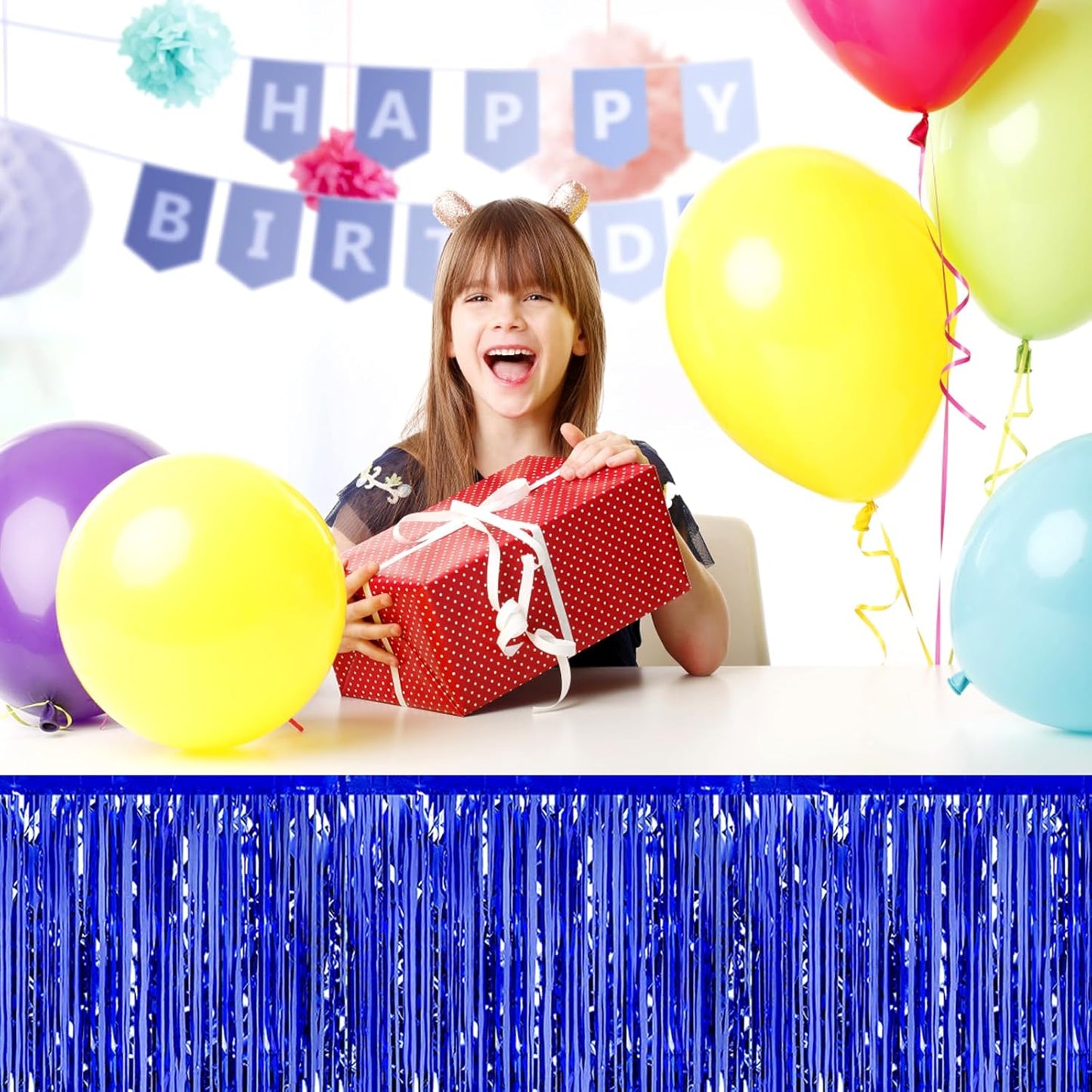 3 Pack 29x108 Inch Blue Foil Fringe Table Skirts Metallic Banner for Tinsel Streamer Garland Backdrop for Parade Floats Wedding Thanksgiving Birthday Christmas Halloween Party Decoration