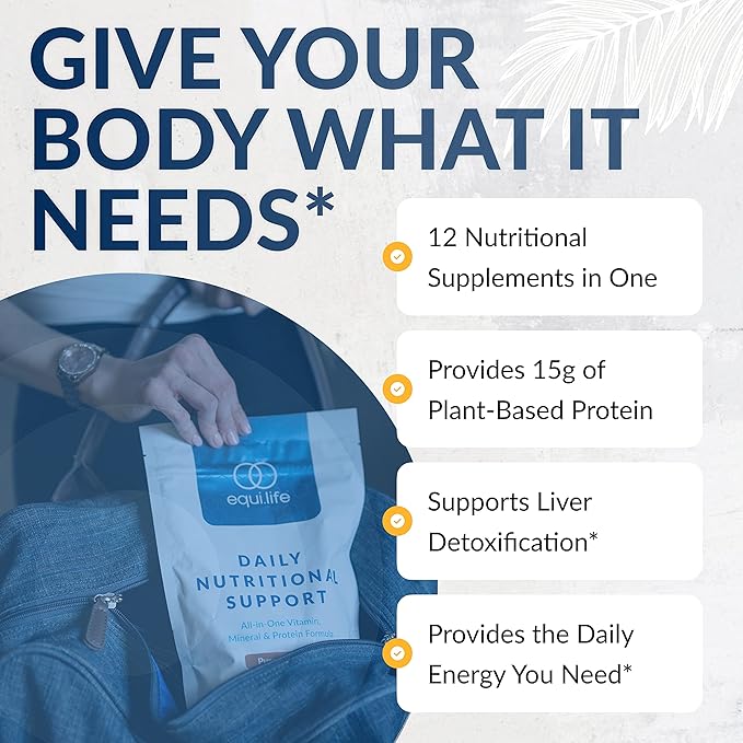 Equilife Daily Nutritional Support, All-in-One Multivitamin Meal Replacement, Pure Chocolate Flavor, 15G Plant Protein, Supports Overall Wellness Including Energy, Digestion, & Skin, 14 Servings