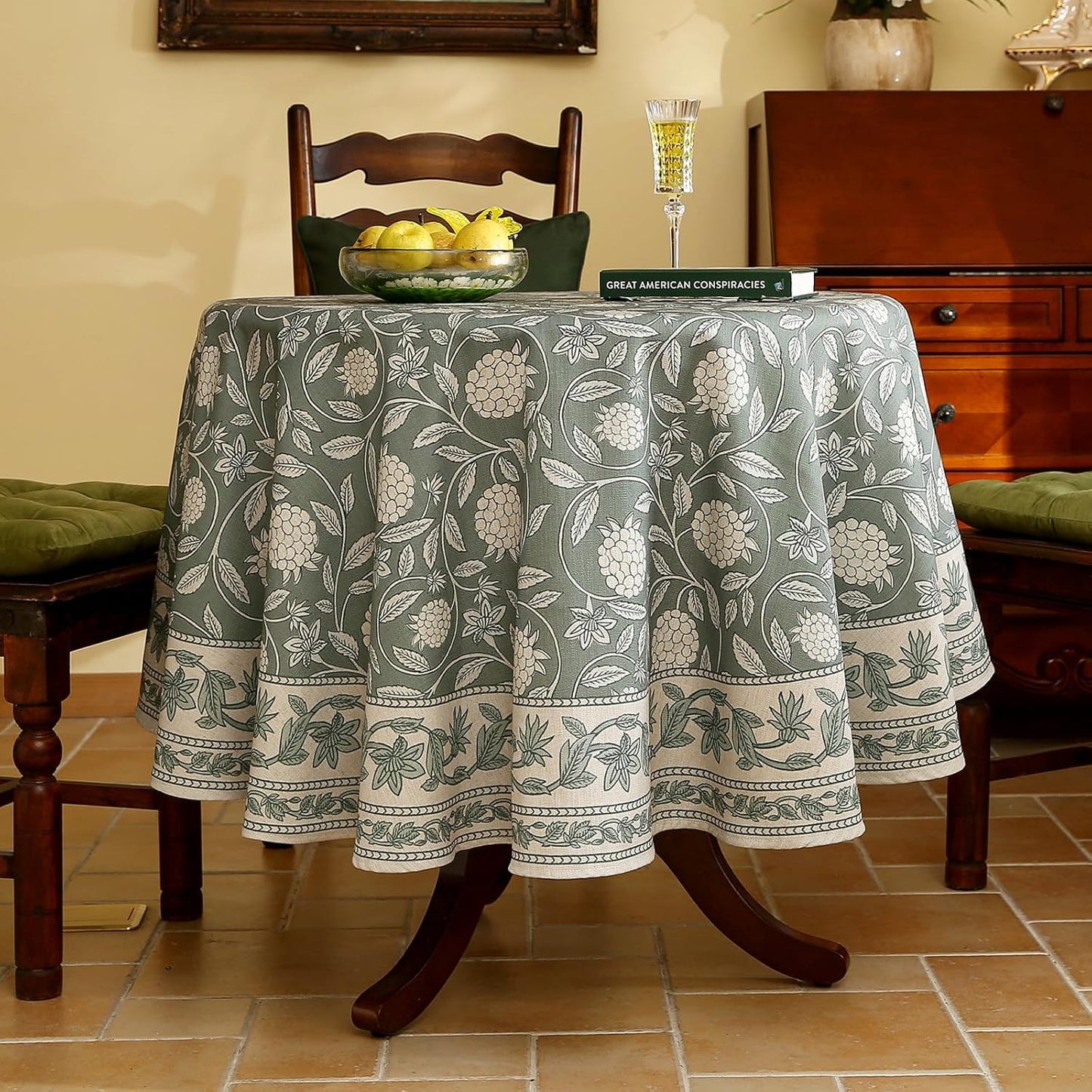 ISAENNE Designer Grayish Green Linen Round Tablecloth,Floral Elegant Stain Resistant Table Cloth,Fall Vintage Decor Tablecloths for Dining Thanksgiving Kitchen Party,Diameter 67"-Andrew A