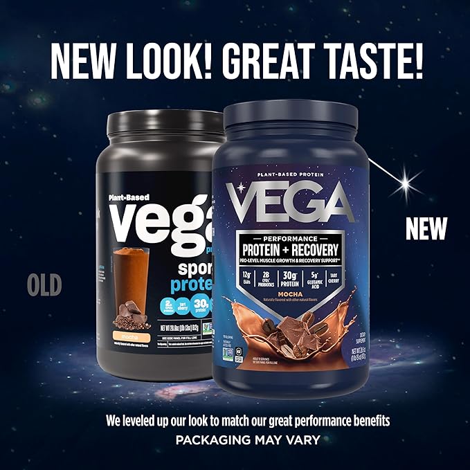 Vega Sport Vegan Protein Powder + Recovery - 30g Plant Based Protein per Serving, Mocha, 19 Servings, 5g BCAAs, Probiotics, NSF Certified, For Shakes & Smoothies, 1.8lbs (Packaging May Vary)