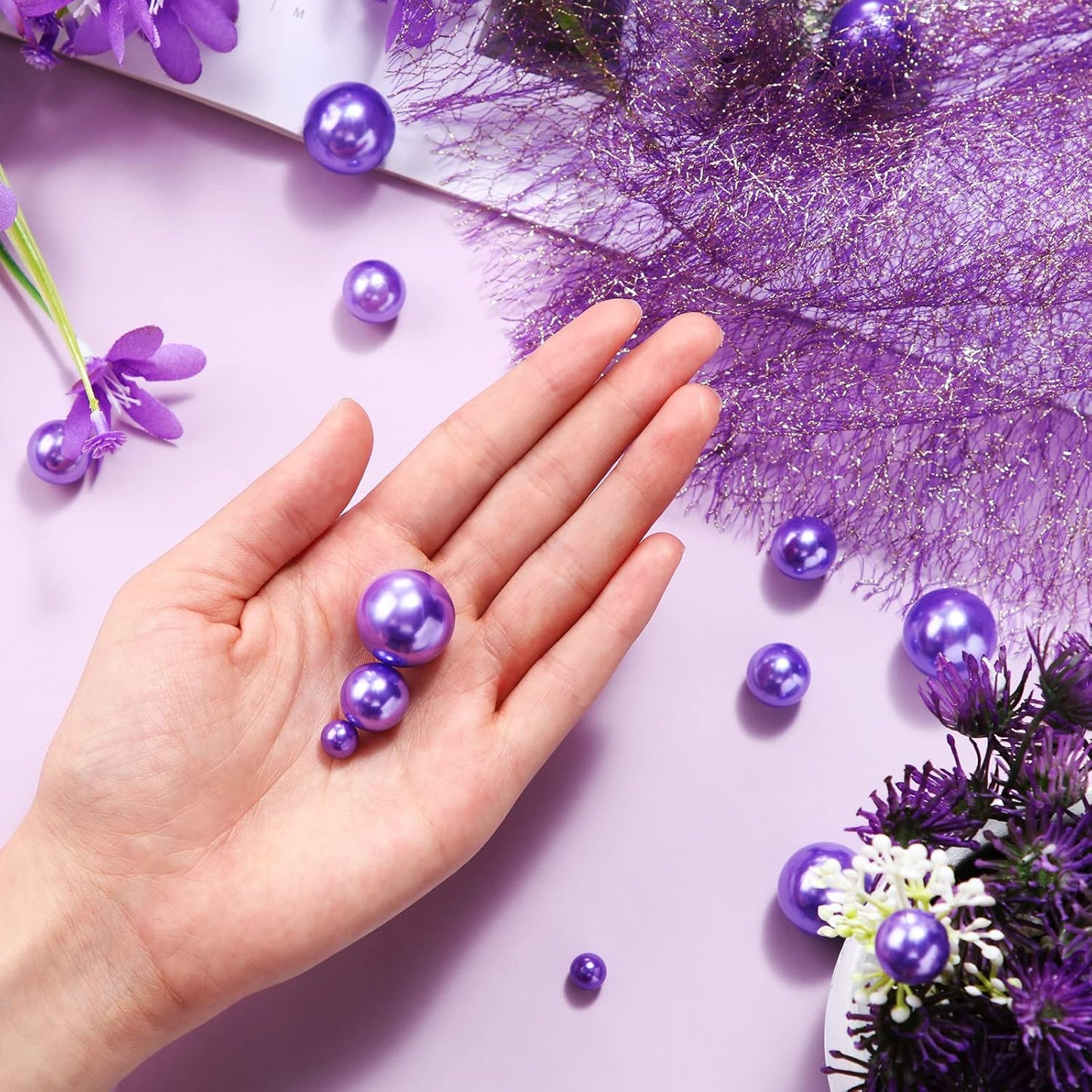 150 Pieces Vase Filler Faux Pearls Vase Makeup Beads No Hole Gloss Bead Mixed Sizes Round Pearl for Home Party Wedding Decor, 8/14/20 mm(Purple)