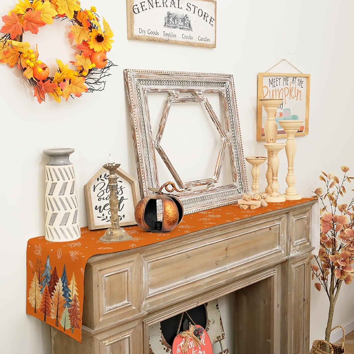 GEEORY Fall Watercolor Tree & Maple Leaves Table Runner 13x36 Inch, Rustic Farmhouse Autumn Thanksgiving Decor for Kitchen, Dining, Indoor/Outdoor Holiday Dinner Party Orange GT158-36