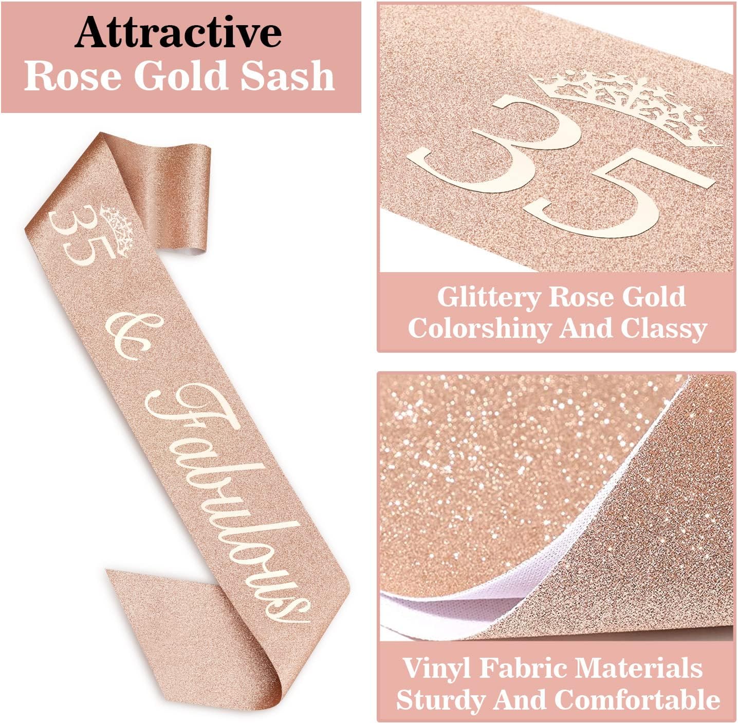 35th Birthday Decorations for Women Including Sash, Tiara/Crown, Numeral Candles and Cake Topper, Rose Gold 35th Birthday Gifts for Women, Rose Gold Party Decor Supplies
