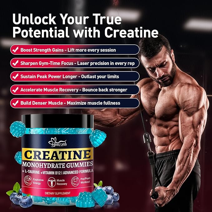 Creatine Monohydrate Gummies for Men & Women, Creatine Supplement, Chewables Creatine Gummy, Gluten-Free, Blueberry Flavor, 60 Count