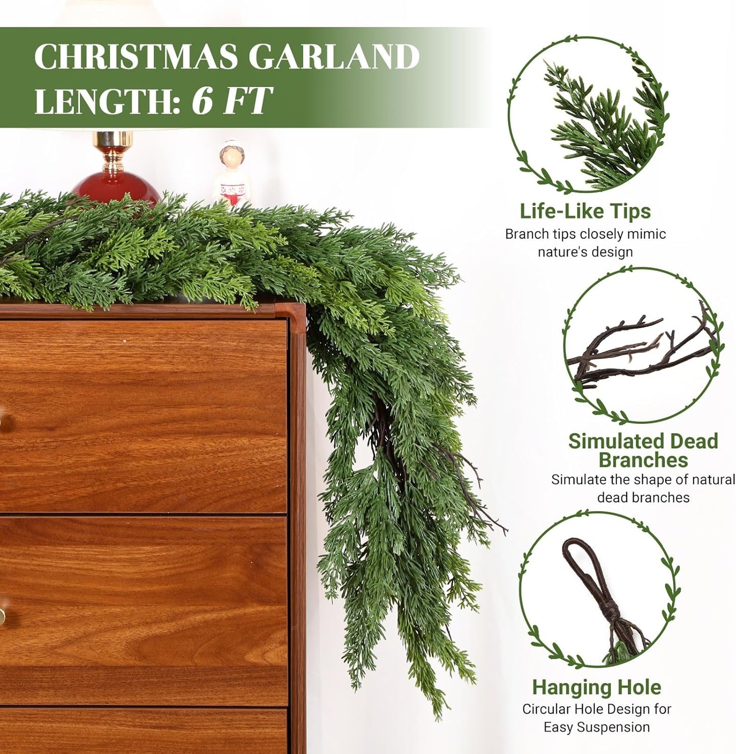 2PCS 6FT Artificial Christmas Garland, Real Touch Greenery Cypress Pine Garland for Mantle Table Railing Fireplace Indoor & Outdoor Christmas Decoration