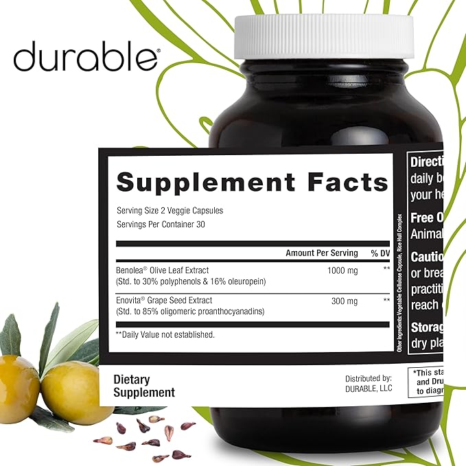 Durable Blood Pressure – Benolea Olive Leaf & Enovita Grape Seed Extract, Two-in-One Formula, Supports Nitric Oxide & Vascular Health, Doctor-Formulated, Made in USA (60 Count, Pack of 1)