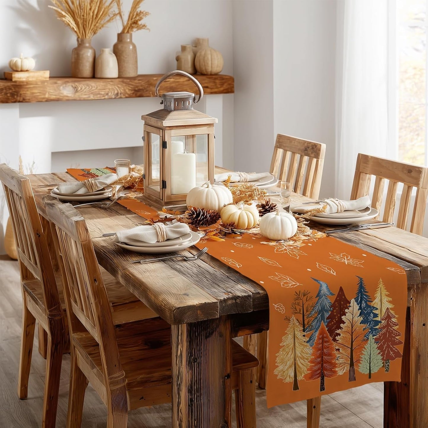 GEEORY Fall Watercolor Trees & Maple Leaves Table Runner 13x72 Inch, Rustic Farmhouse Autumn Thanksgiving Decor for Kitchen, Dining, Indoor/Outdoor Holiday Dinner Party Orange GT158-72