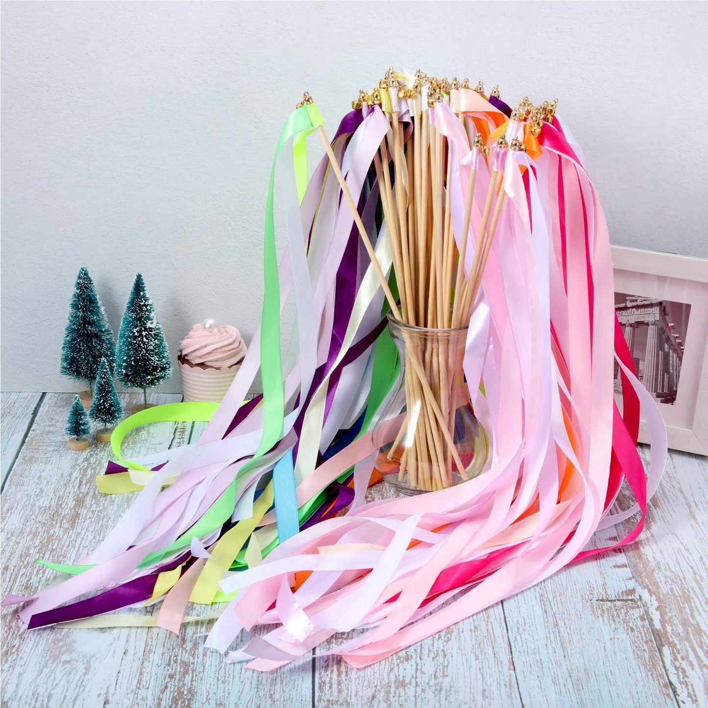 Boao 40 Pieces Mixed Color Ribbon Sticks with Bell, Ribbon Sticks for Stick Party, Streamers for Wedding Birthday Party Celebration Baby Shower Favors(Multicolor)