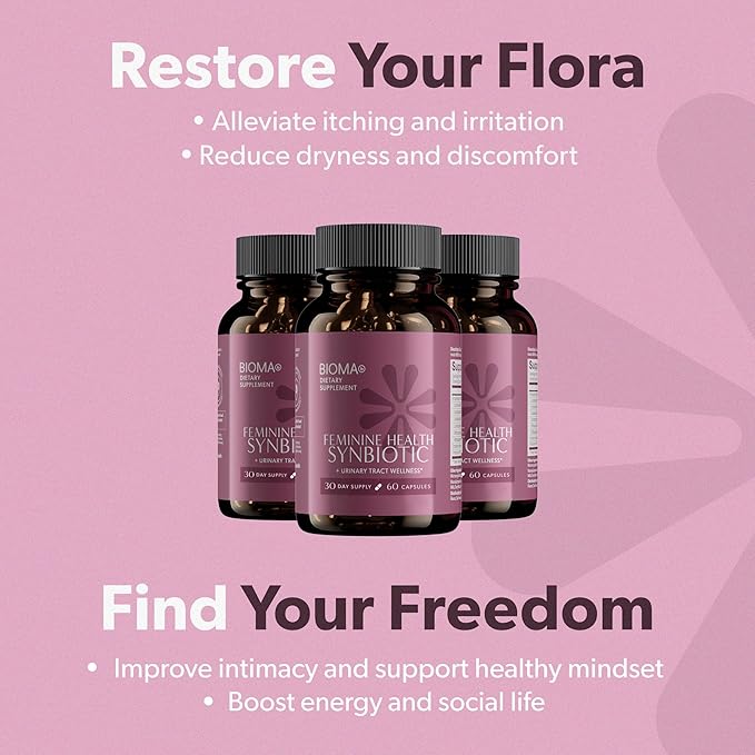 BIOMA Feminine Health Synbiotic - Women's Health Supplement for Healthy Vaginal pH, Urinary Tract & Digestive Support - with Probiotics, Cranberry & Tributyrin - 180 Capsules (3 Pack, 90-Day Supply)