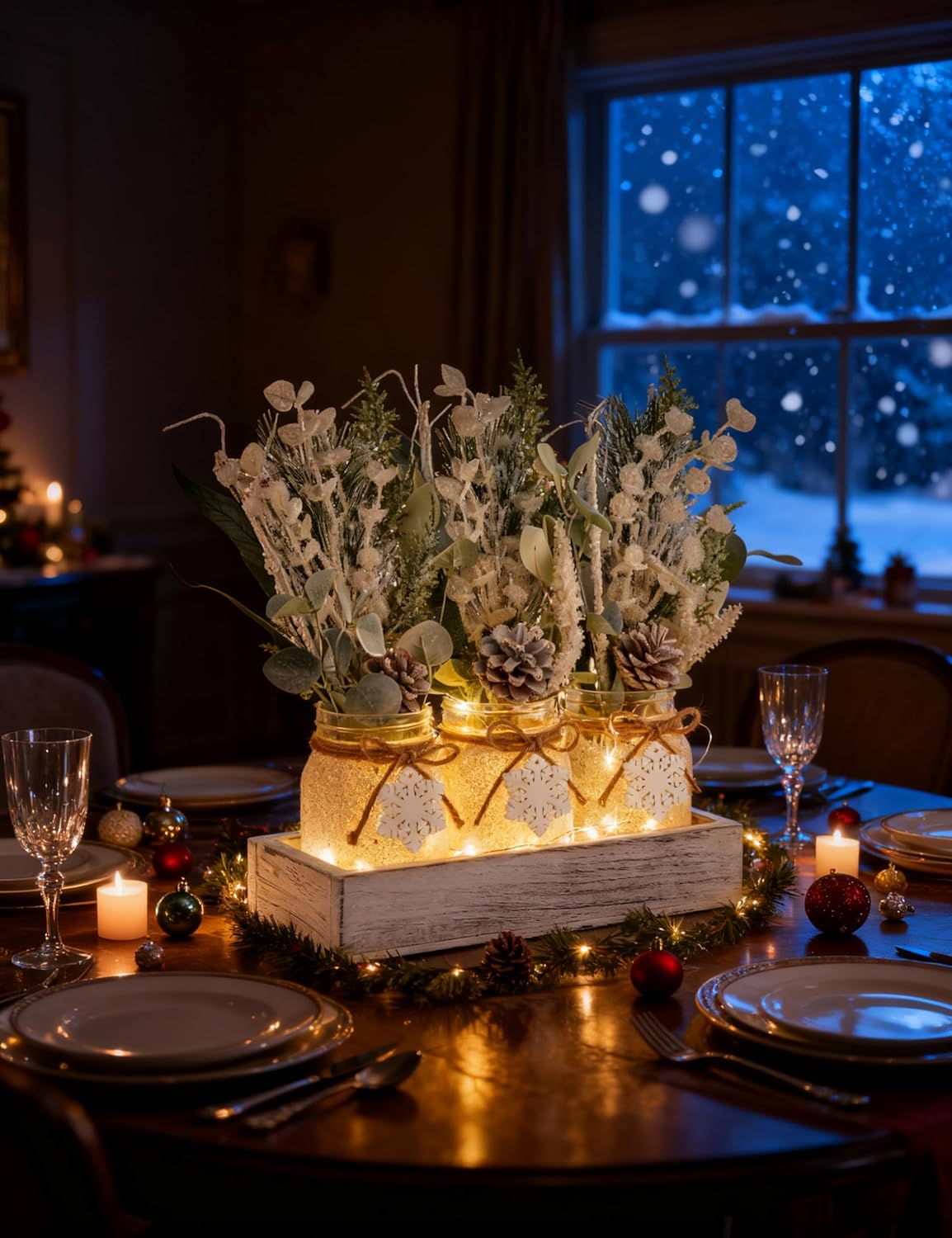 Winter Centerpieces for Tables, Table Decor with Mason Jar, Flowers Picks, Farmhouse Wood Tray, Snowflake Sign, Christmas Winter White Wonderland Table Decorations Centerpieces Indoor for Home