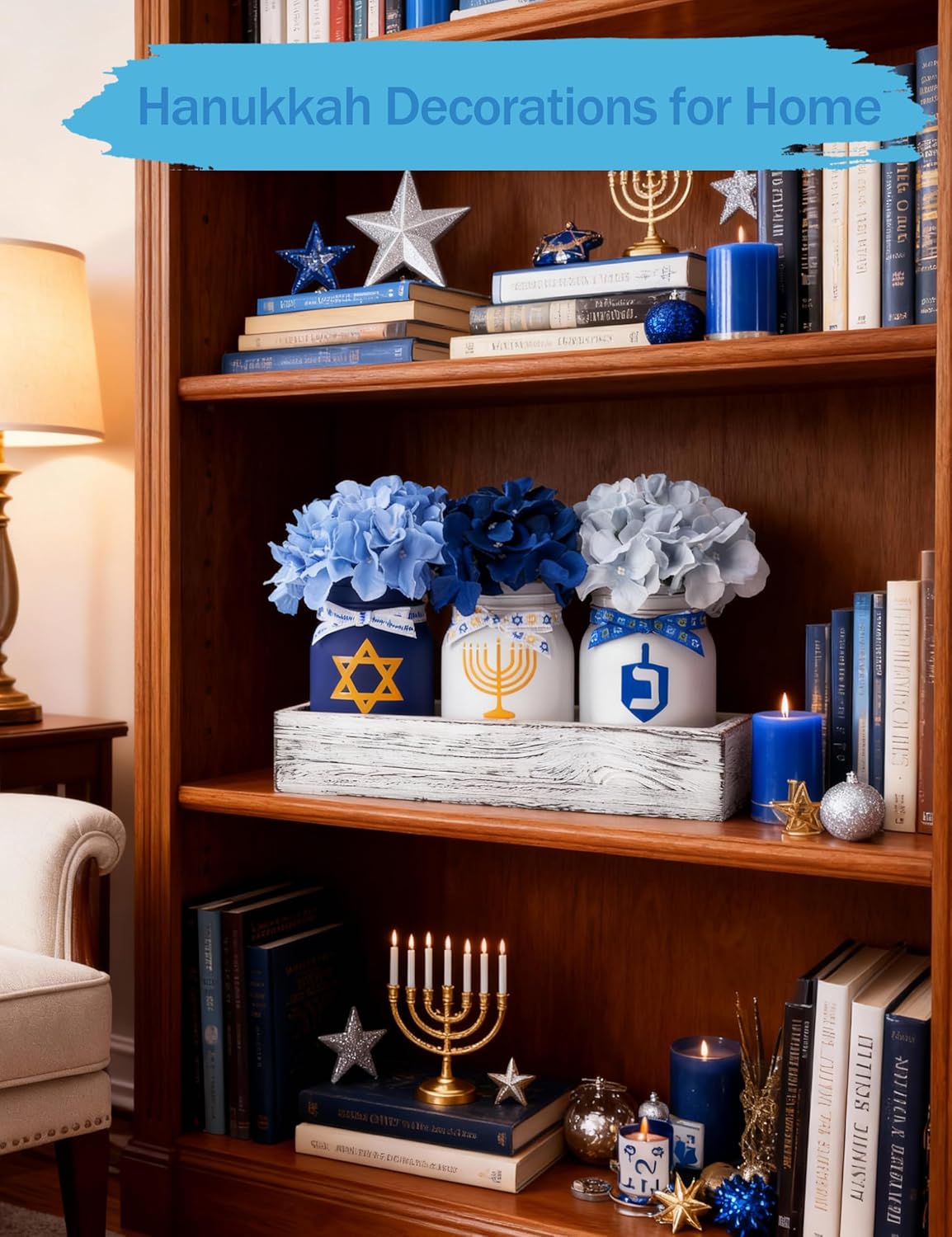 Hanukkah Decorations for Home, Chanukah Table Decor with Mason Jars, Hydrangea, Wood Tray, Hanukkah Gifts Table Centerpieces, 25 Pcs Chanukah Decorations Indoor for Living Room Bedroom