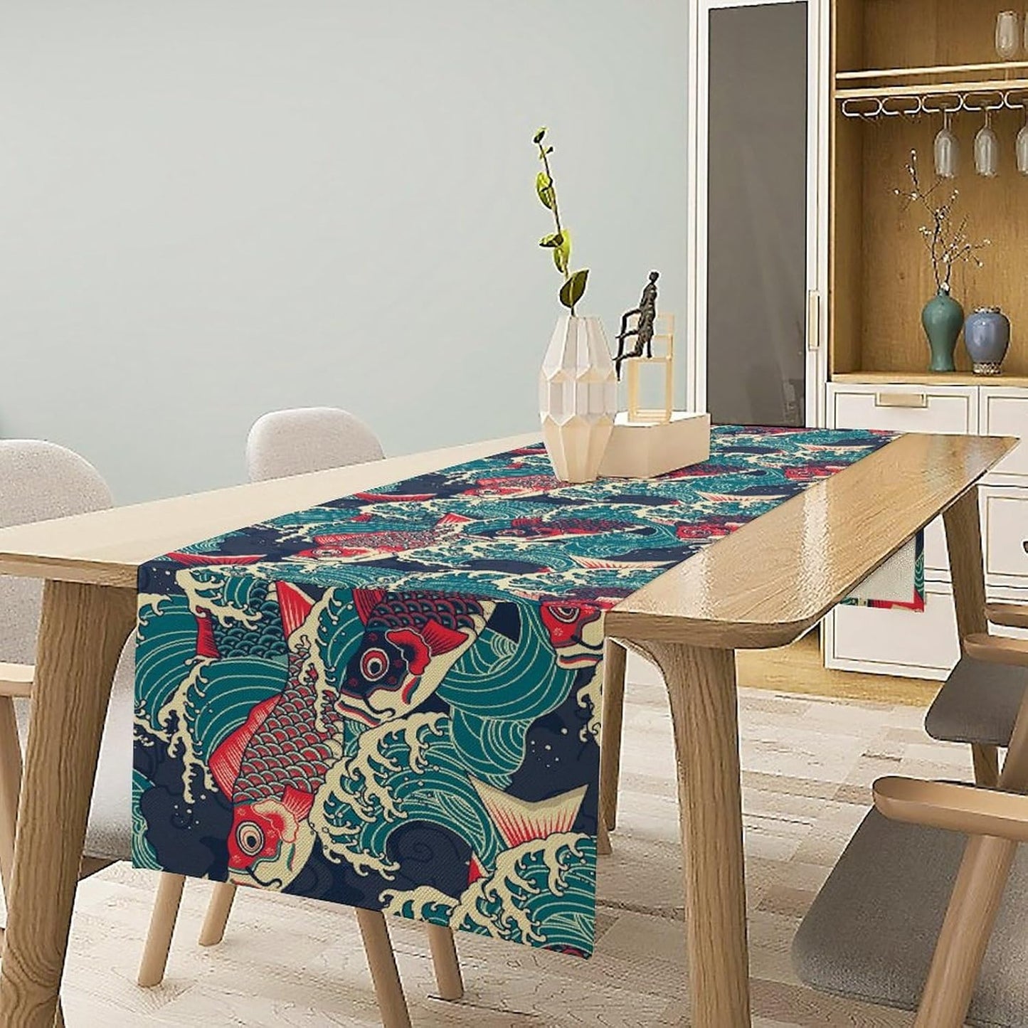 Kio Fish Table Runner Waves Japanese Tradition Art Printed Burlap Runner Home Kitchen Dining Table Living Room Decor Fabric 1 Panel W13xL70in
