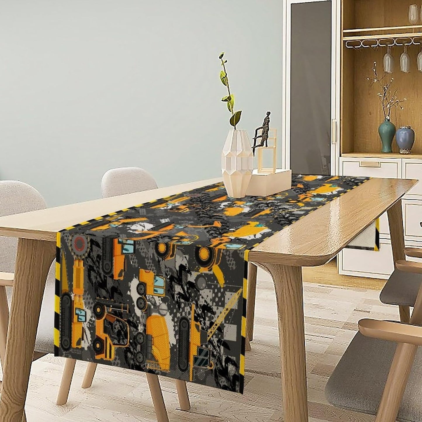 Cartoon Car Table Runner,Boy Kids Construction Yellow Tractor Excavator Tablecloth Burlap for Hotel Indoors Outdoor Dining Room Kitchen Home Decor,W13X L70 in
