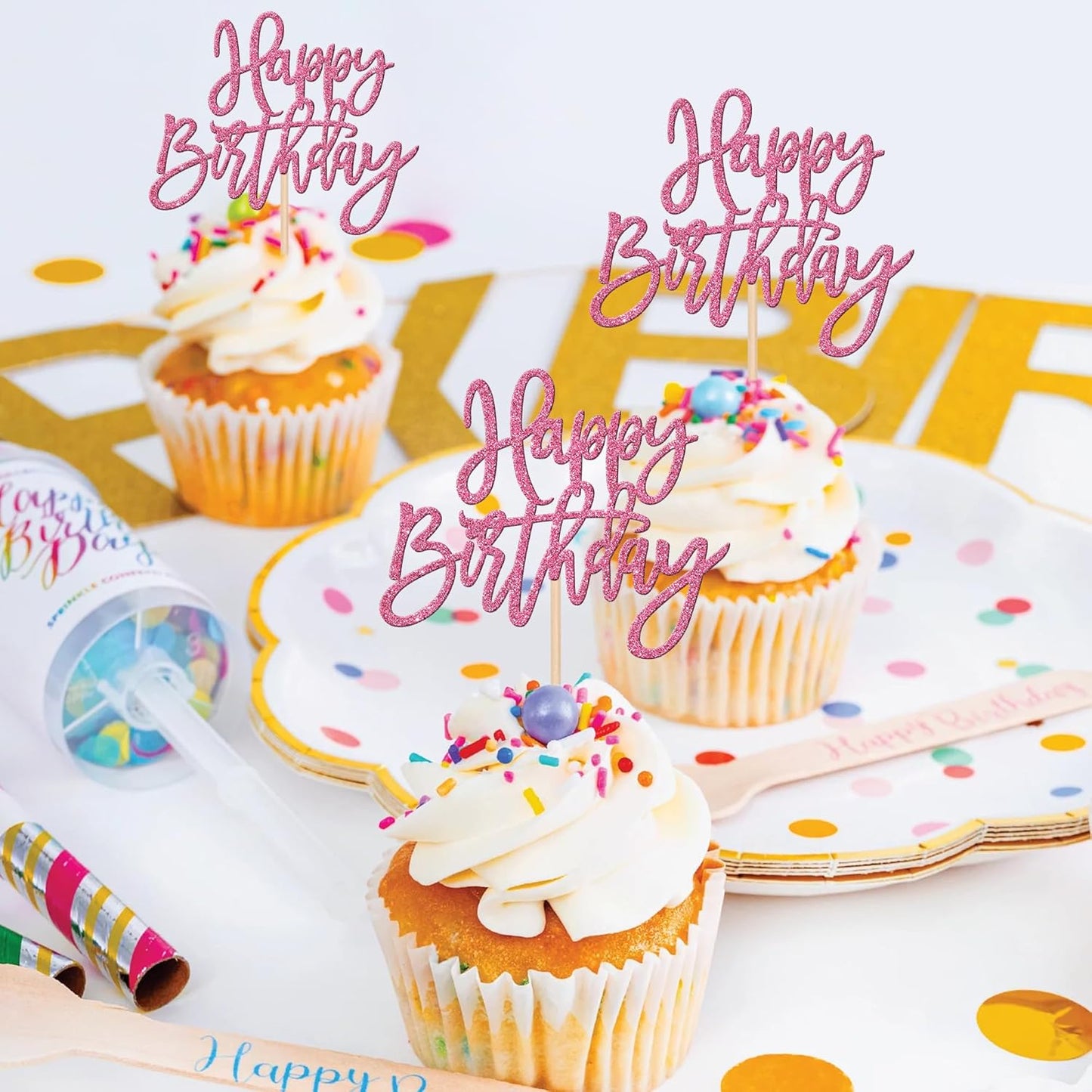 24 PCS Happy Birthday Cupcake Toppers Glitter Happy Birthday Cupcake Picks for Celebrating Happy Birthday Anniversary Theme Party Cake Decorations Supplies Pink