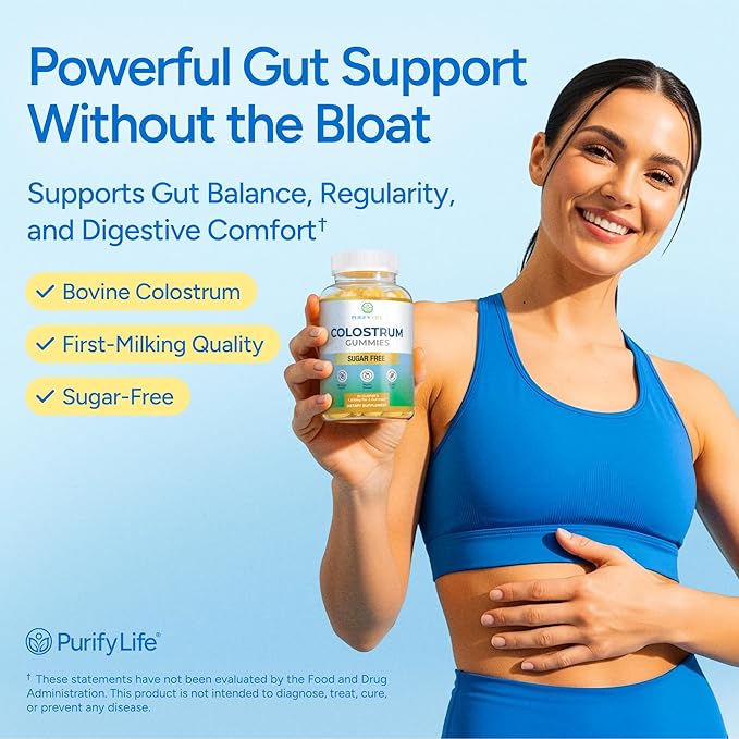 Sugar-Free Colostrum Gummies (1500mg) Bovine Colostrum for Humans, Grass-Fed Supplement for Gut Health, Leaky Gut Repair, Immune Support, Skin Health - 35% IgG Per Serving