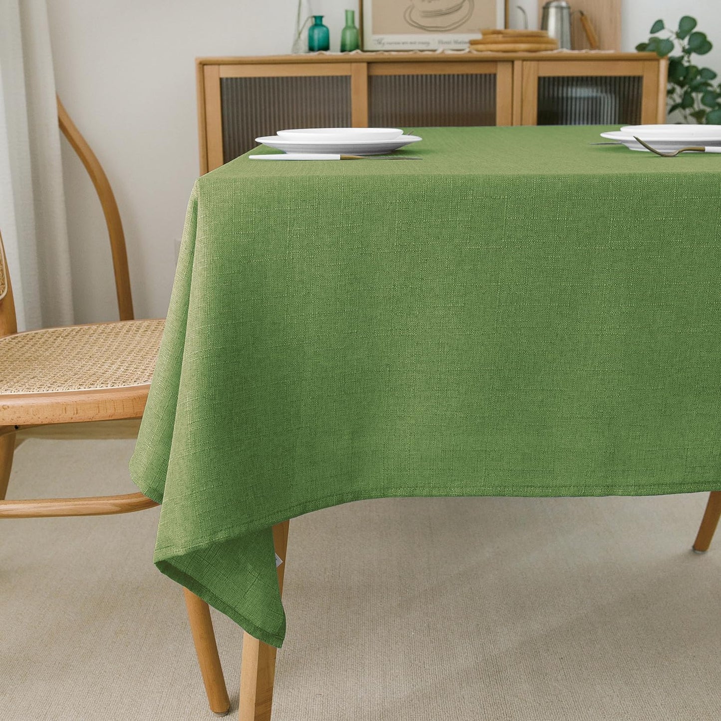 NLMUVW Olive Green Linen Tablecloth Rectangle Water Resistant Textured Natural Table Cloth Farmhouse Table Cover for Kitchen Dining Coffee, 54 x 96 Inch