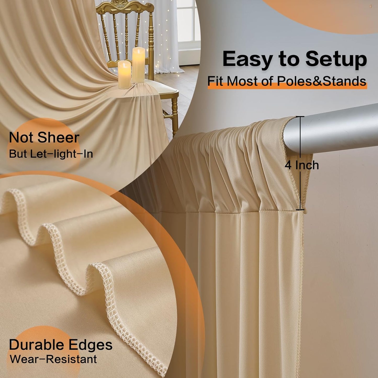 50ft x 15ft Beige Wrinkle Free Backdrop Curtains for Parties,Silky Polyester Fabric Wedding Ceiling Drapes, 10 Panels 15ft Photo Back Drop Drapes for Baby Shower Photography Stage Background Cloth