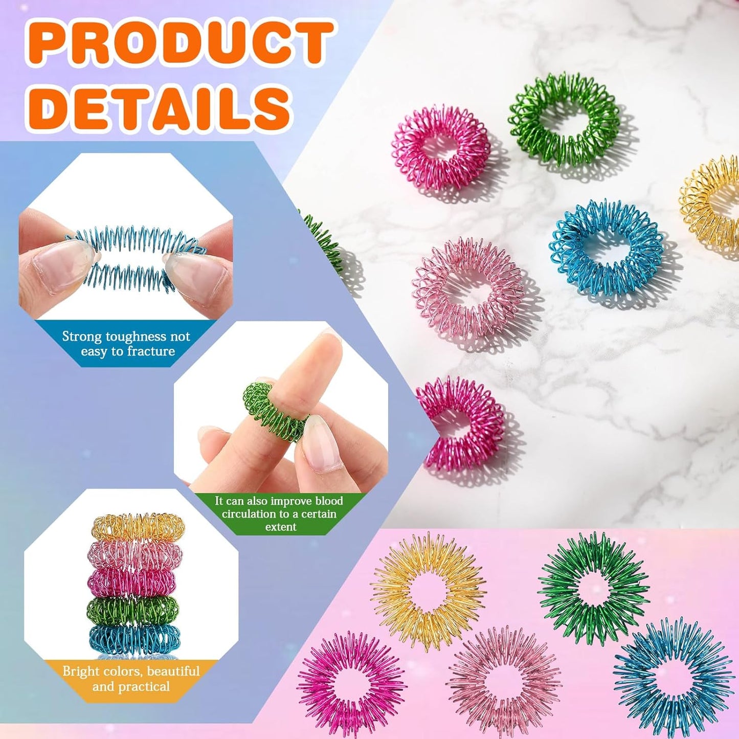 100 Pack Spiky Sensory Finger Rings, Acupressure Spiky Sensory Finger Rings for Adults, Silent Stress Reducer and Massager Fidget Ring for Anxiety for Men, Women(Vivid Colors)