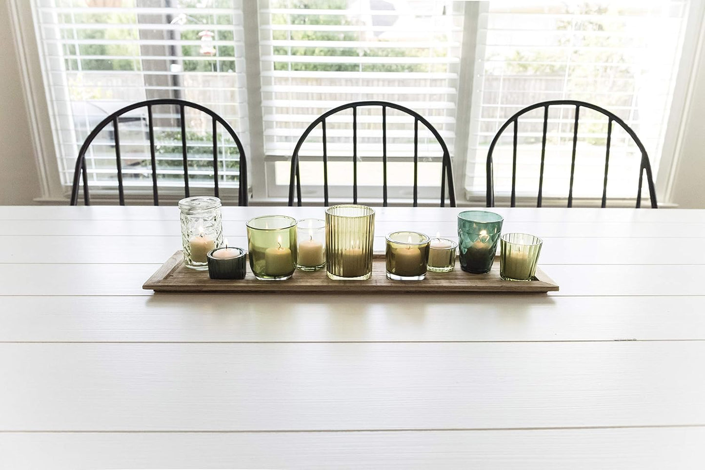 Creative Co-Op Wood Tray with 9 Green Glass Votive Holders