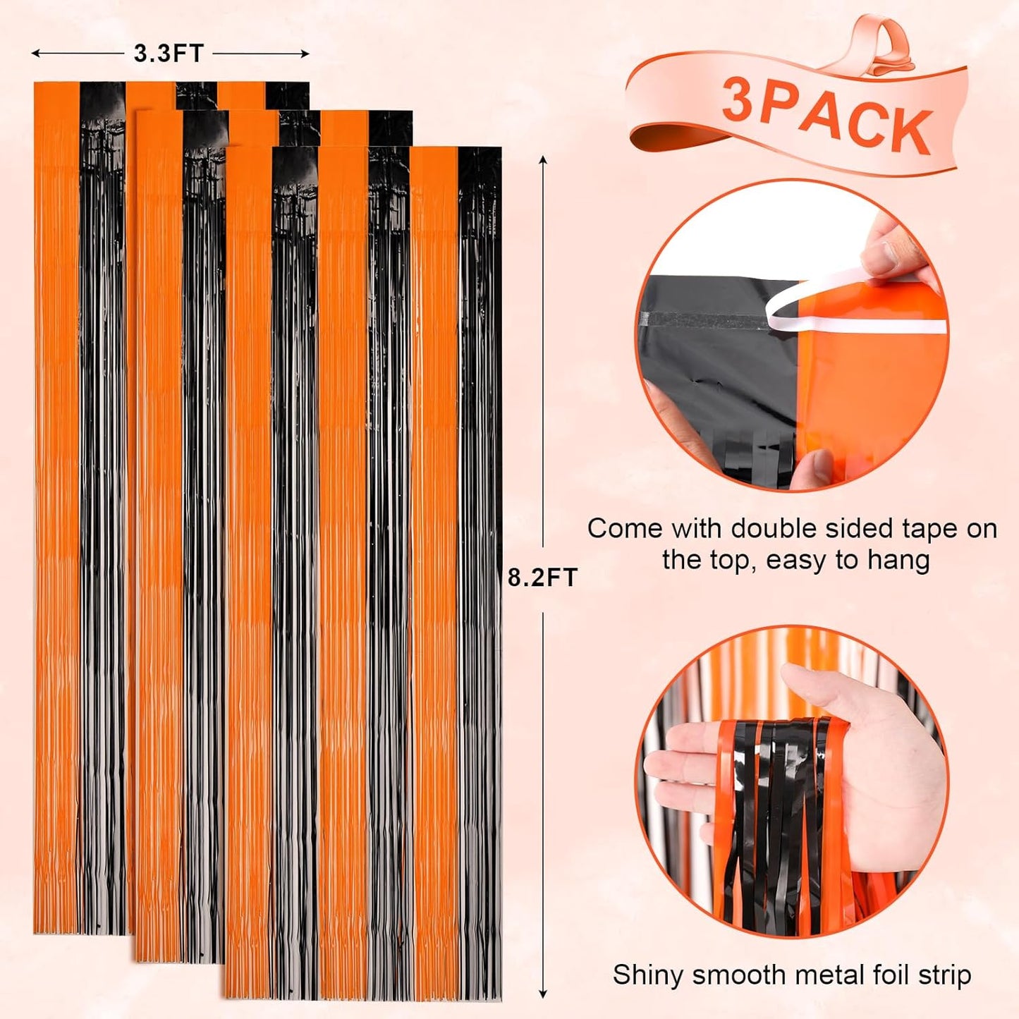 3 Pack 3.3x8.2 Feet Black and Orange Foil Fringe Backdrop Curtains, Tinsel Streamers Birthday Party Decorations, Fringe Backdrop for Graduation, Baby Shower, Gender Reveal, Disco Party