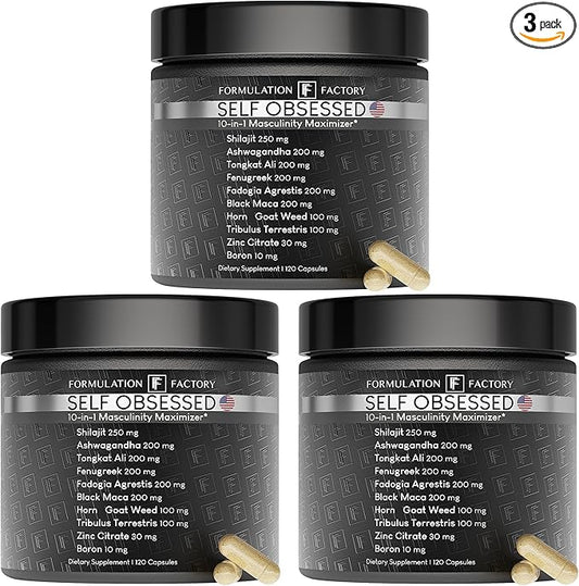 Self Obsessed 10 in 1 Masculinity Maximizer Supplement, Shilajit for Men, Tongkat Ali (120 Count (Pack of 3)