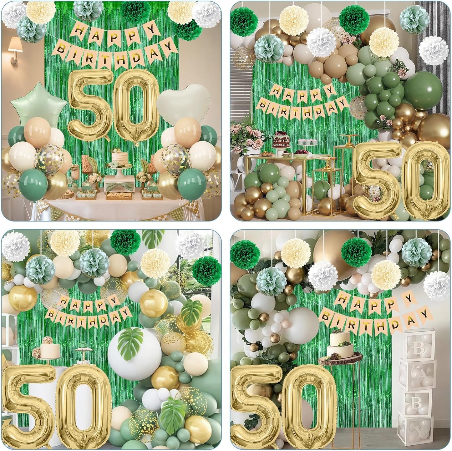 Sage Green 50th Birthday Decorations for Men Gold Number 50 Balloon Nude Gold Happy Birthday Banner Fringe Curtain Paper Pom Poms Olive Green Cream White Sand Star Foil Balloons Party Decor