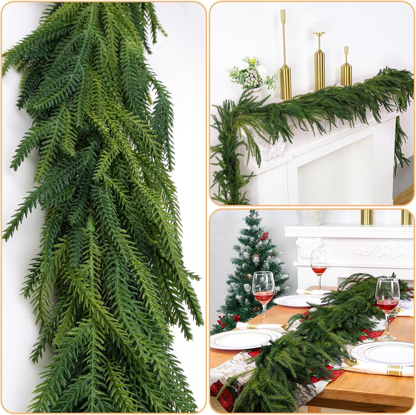 1 Pcs Artificial Norfolk Pine Garlands Christmas, 9 FT Dense Real Touch Winter Pine Garland Ornament, Green Artificial Greenery Garland for Table, Mantle, Wall, Indoor, Outdoor Christmas Decorations