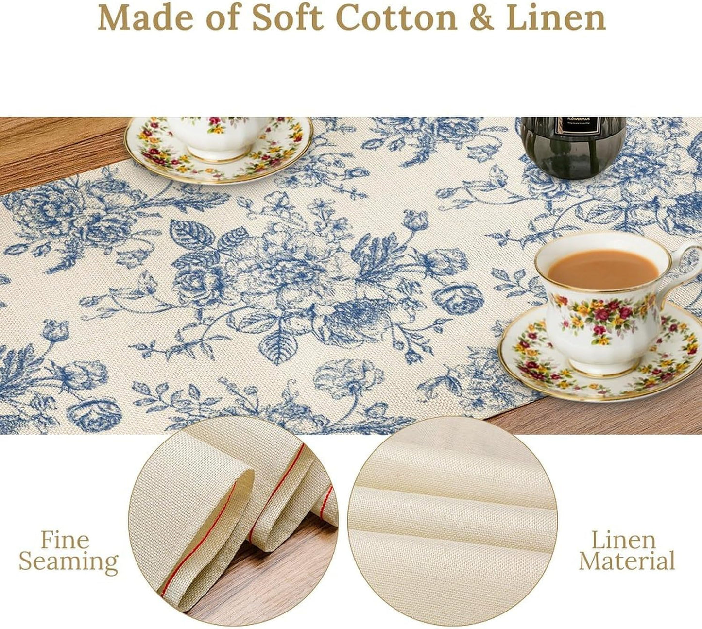 Floral Table Runner, Retro Blue Flower Chinoiserie Sketch Pattern Print Table Runner for Kitchen Dinning Table Runner Decor Home Wedding Party Holiday, 13x108 Inch